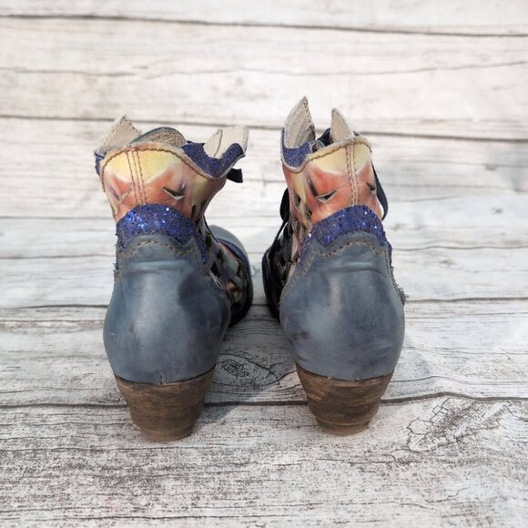 Rovers Floral Leather Lace-Up Ankle Boots Blue Multicolor Boho – US Women’s 10 - Picture 4 of 10